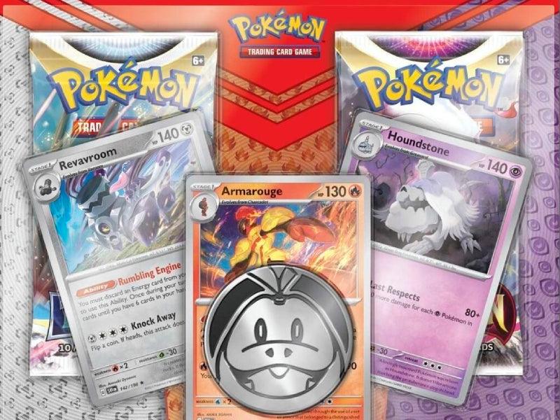 Pokemon TCG blister pack with Revavroom, Armarouge, Houndstone cards and collectible coin