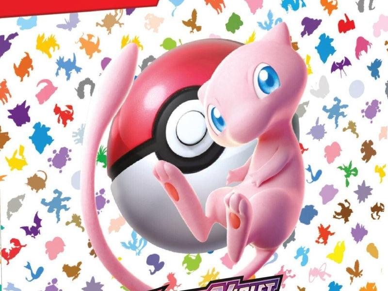 Mew Pokémon with Poké Ball on colorful Pokémon silhouette pattern background