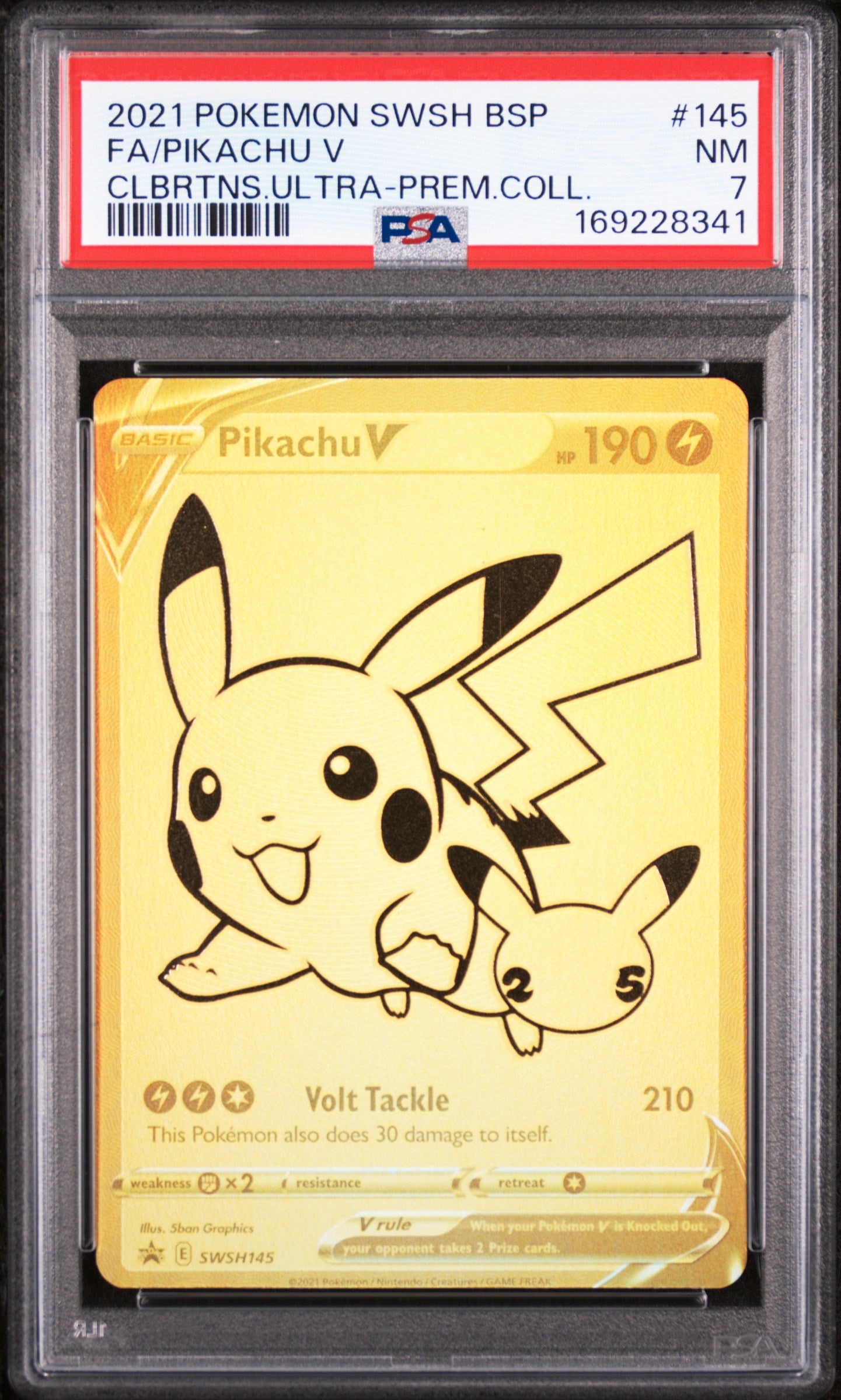 PSA 7 Fa / Pikachu V Clbrtns.ultra (Prem.coll.) #145 · Sword & Shield Black Star Promos · 2021 — front