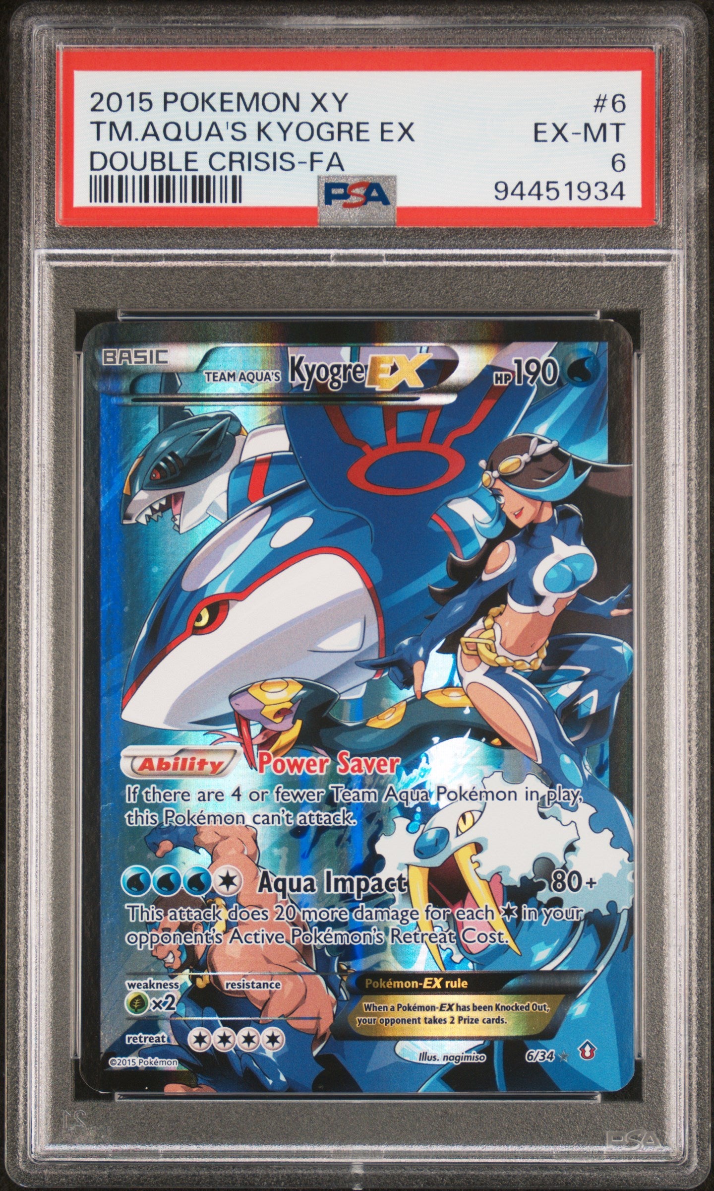 PSA 6 Full Art/team Aqua's Kyogre EX #6 · Xy Double Crisis · 2015 — front