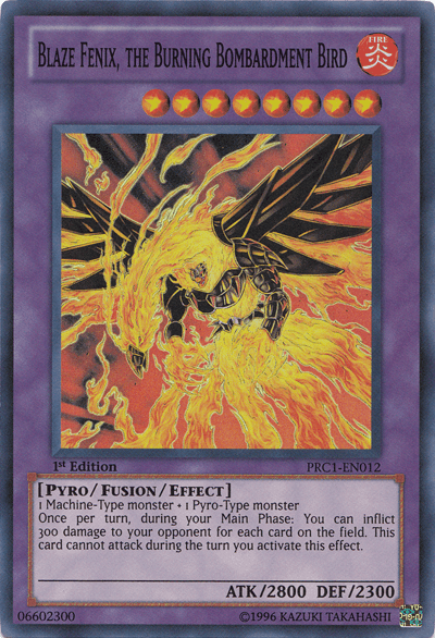 1st Edition, 2012 Premium Collection Tin, Fire, Fusion/Effect Monster, Pyro, Super Rare Blaze Fenix, the Burning Bombardment Bird [PRC1-EN012] Super Rare - Trading Card World