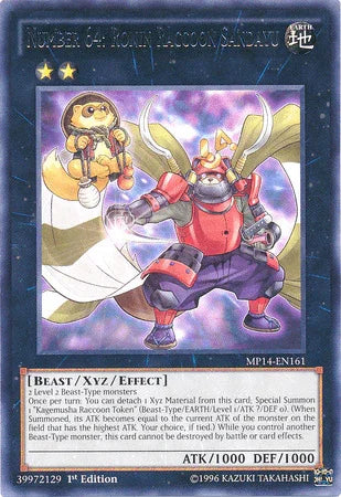1st Edition, 2014 Mega-Tins Mega Pack, Beast, Earth, Rare, Xyz/Effect Monster Number 64: Ronin Raccoon Sandayu [MP14-EN161] Rare - Trading Card World