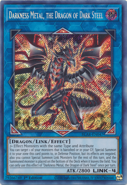 1st Edition, Battles of Legend: Armageddon, Dark, Dragon, Link/Effect Monster, Secret Rare Darkness Metal, the Dragon of Dark Steel [BLAR-EN047] Secret Rare - Trading Card World