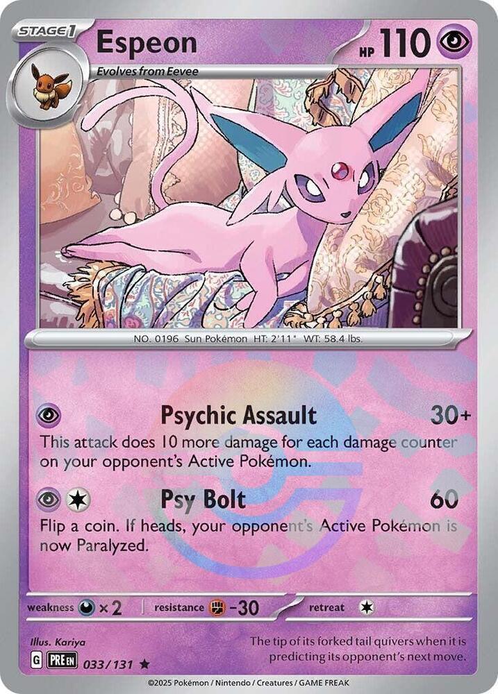 033, Darkness [x2], Fighting [-30], Holofoil, Psychic, Rare, Scarlet & Violet: Prismatic Evolutions Espeon (033/131) (Poke Ball Pattern) [Scarlet & Violet: Prismatic Evolutions] - Trading Card World