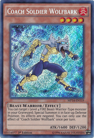 1st Edition, 2014 Mega-Tins Mega Pack, Beast-Warrior, Effect Monster, Fire, Secret Rare Coach Soldier Wolfbark [MP14-EN119] Secret Rare - Trading Card World