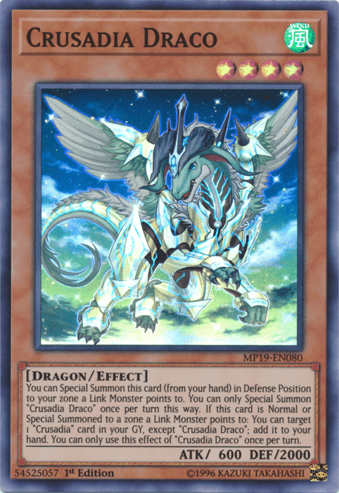 1st Edition, 2019 Gold Sarcophagus Tin Mega Pack, Dragon, Effect Monster, Super Rare, Unlimited, Wind Crusadia Draco [MP19-EN080] Super Rare - Trading Card World