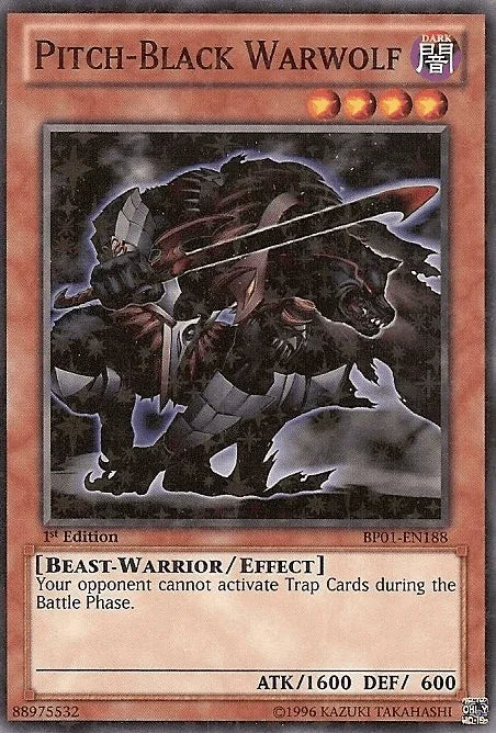 1st Edition, Battle Pack: Epic Dawn, Beast-Warrior, Dark, Effect Monster, Starfoil Rare, Unlimited Pitch-Black Warwolf [BP01-EN188] Starfoil Rare - Trading Card World