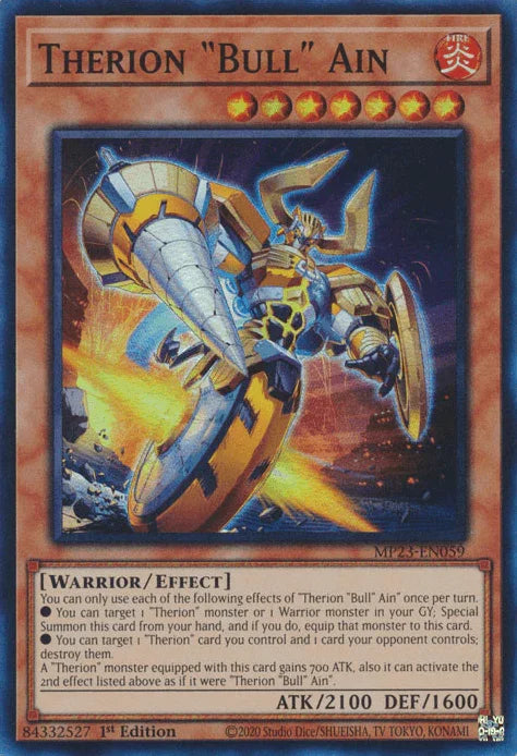 1st Edition, Dueling Heroes Collectors Tin - Mega Pack (25th Anniversary Edition), Effect Monster, Fire, Super Rare, Warrior Therion "Bull" Ain [MP23-EN059] Super Rare - Trading Card World