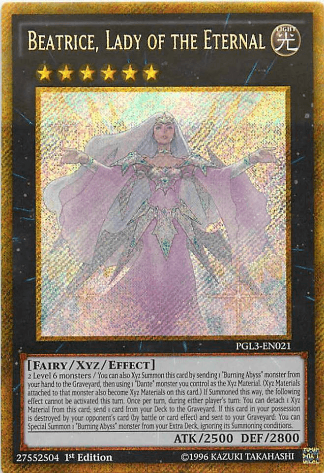 1st Edition, Fairy, Gold Secret Rare, Light, Premium Gold: Infinite Gold, Xyz/Effect Monster Beatrice, Lady of the Eternal [PGL3-EN021] Gold Secret Rare - Trading Card World