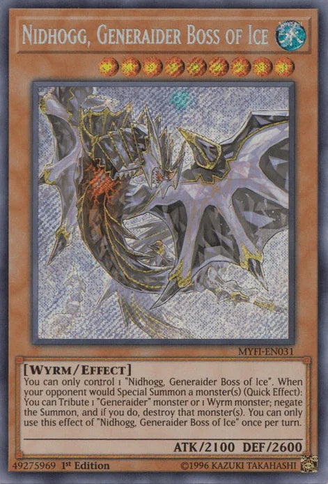 1st Edition, Effect Monster, Mystic Fighters, Secret Rare, Water, Wyrm Nidhogg, Generaider Boss of Ice [MYFI-EN031] Secret Rare - Trading Card World