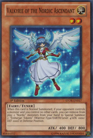 1st Edition, Fairy, Light, Storm of Ragnarok, Super Rare, Tuner Monster, Unlimited Valkyrie of the Nordic Ascendant [STOR-EN017] Super Rare - Trading Card World