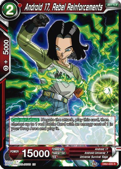 Android 17, Android Universe 7, Battle, Battle Evolution Booster, Common, DB2-005, Normal, Parallel Foil, Red, Universe Survival Saga Android 17, Rebel Reinforcements (Reprint) (DB2-005) [Battle Evolution Booster] - Trading Card World