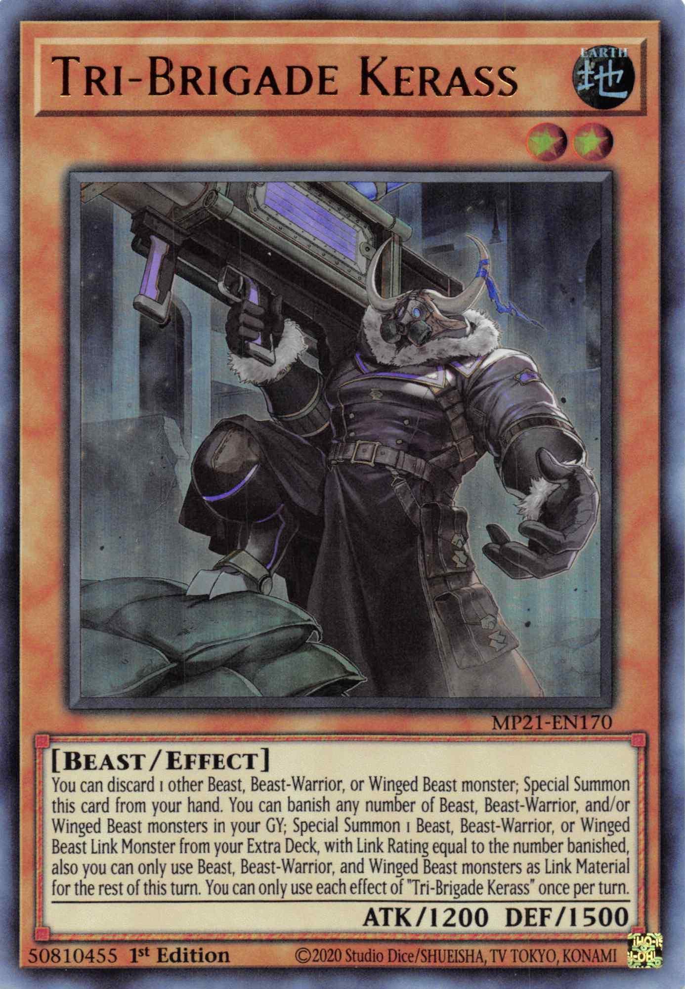 1st Edition, 2021 Tin of Ancient Battles, Beast, Earth, Effect Monster, Ultra Rare Tri-Brigade Kerass [MP21-EN170] Ultra Rare - Trading Card World