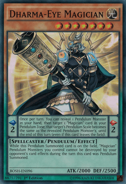 1st Edition, Breakers of Shadow, Light, Pendulum/Effect Monster, Spellcaster, Super Rare, Unlimited Dharma-Eye Magician [BOSH-EN096] Super Rare - Trading Card World