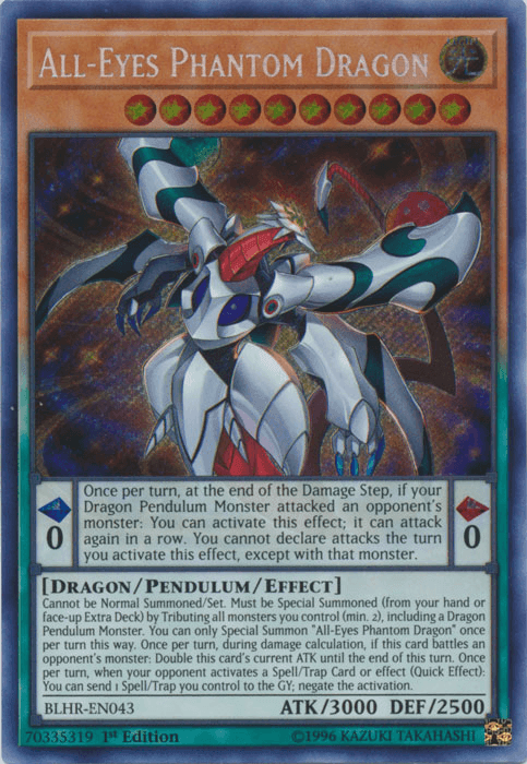 1st Edition, Battles of Legend: Hero's Revenge, Dragon, Light, Pendulum/Effect Monster, Secret Rare All-Eyes Phantom Dragon [BLHR-EN043] Secret Rare - Trading Card World