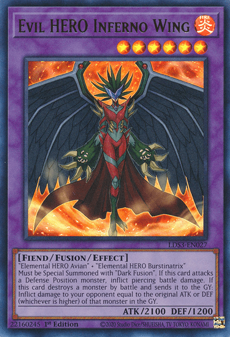 1st Edition, Fiend, Fire, Fusion/Effect Monster, Legendary Duelists: Season 3, Ultra Rare Evil HERO Inferno Wing [LDS3-EN027] Ultra Rare - Trading Card World