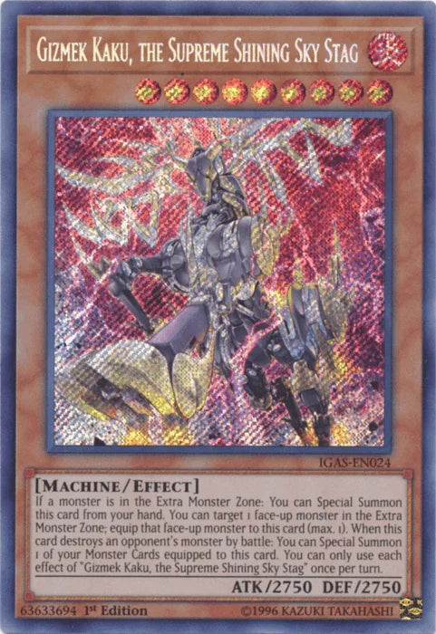 1st Edition, Effect Monster, Fire, Ignition Assault, Machine, Secret Rare, Unlimited Gizmek Kaku, the Supreme Shining Sky Stag [IGAS-EN024] Secret Rare - Trading Card World