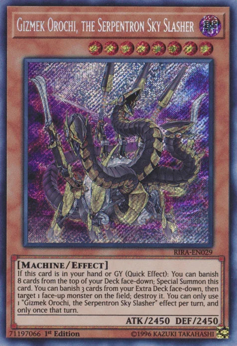 1st Edition, Dark, Effect Monster, Machine, Rising Rampage, Secret Rare, Unlimited Gizmek Orochi, the Serpentron Sky Slasher [RIRA-EN029] Secret Rare - Trading Card World