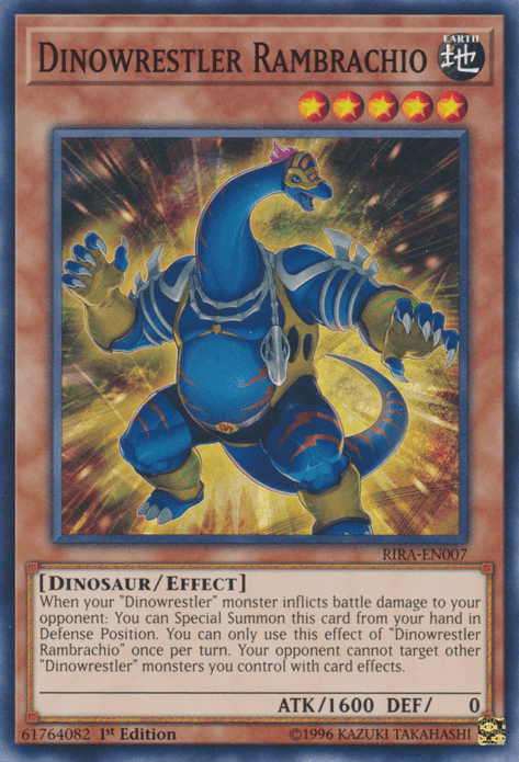 1st Edition, Common, Dinosaur, Earth, Effect Monster, Rising Rampage, Unlimited Dinowrestler Rambrachio [RIRA-EN007] Common - Trading Card World