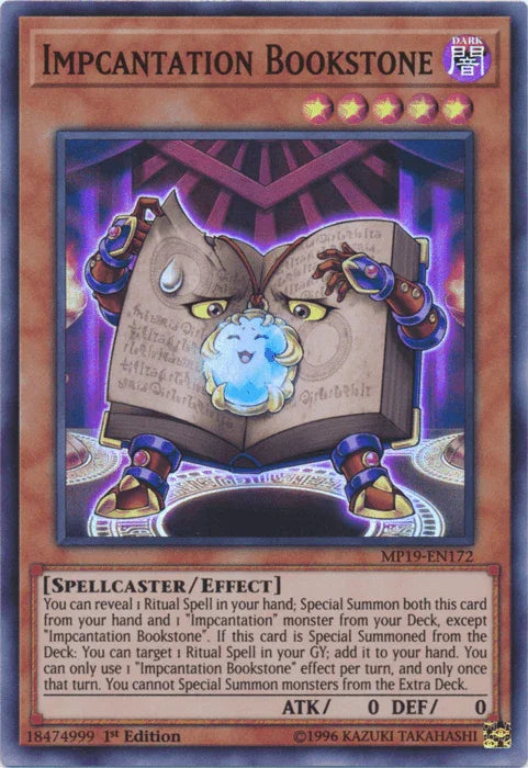 1st Edition, 2019 Gold Sarcophagus Tin Mega Pack, Dark, Effect Monster, Spellcaster, Super Rare, Unlimited Impcantation Bookstone [MP19-EN172] Super Rare - Trading Card World