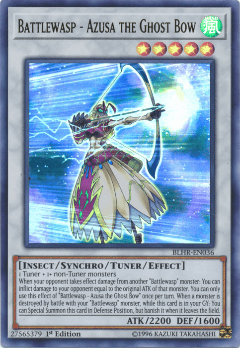 1st Edition, Battles of Legend: Hero's Revenge, Insect, Synchro/Tuner/Effect Monster, Ultra Rare, Wind Battlewasp - Azusa the Ghost Bow [BLHR-EN036] Ultra Rare - Trading Card World