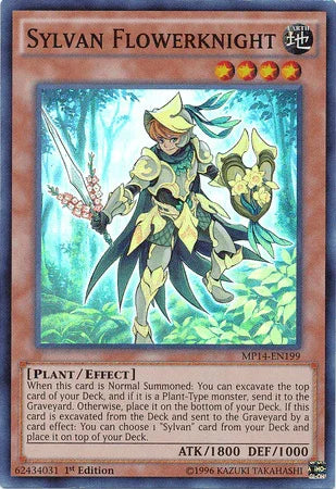 1st Edition, 2014 Mega-Tins Mega Pack, Earth, Effect Monster, Plant, Super Rare Sylvan Flowerknight [MP14-EN199] Super Rare - Trading Card World