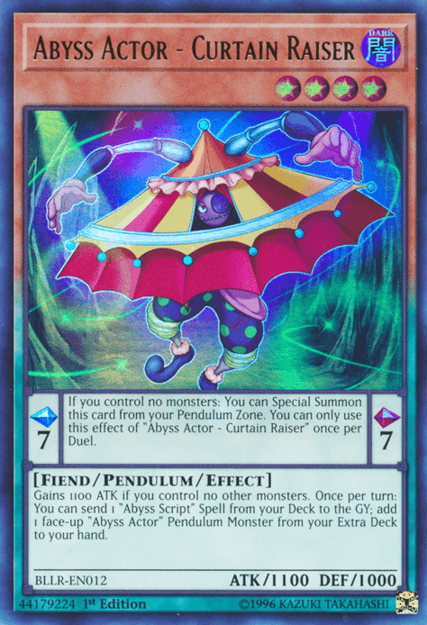 1st Edition, Battles of Legend: Light's Revenge, Dark, Fiend, Pendulum/Effect Monster, Ultra Rare Abyss Actor - Curtain Raiser [BLLR-EN012] Ultra Rare - Trading Card World