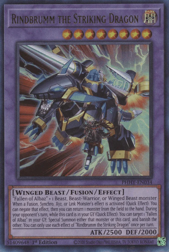 1st Edition, Dark, Fusion/Effect Monster, Photon Hypernova, Ultra Rare, Winged Beast Rindbrumm the Striking Dragon [PHHY-EN034] Ultra Rare - Trading Card World