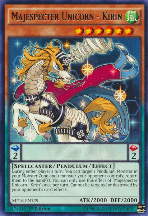 1st Edition, 2016 Mega-Tins Mega Pack, Pendulum/Effect Monster, Rare, Spellcaster, Unlimited, Wind Majespecter Unicorn - Kirin [MP16-EN129] Rare - Trading Card World