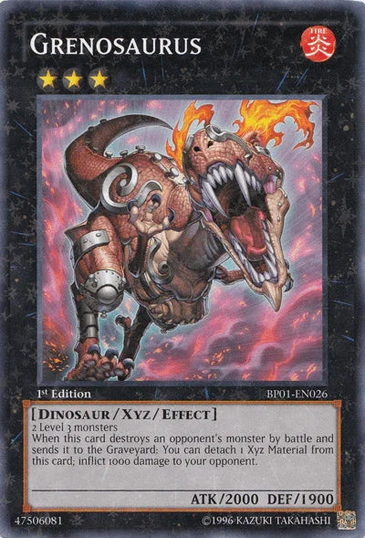 1st Edition, Battle Pack: Epic Dawn, Dinosaur, Fire, Starfoil Rare, Unlimited, Xyz/Effect Monster Grenosaurus [BP01-EN026] Starfoil Rare - Trading Card World