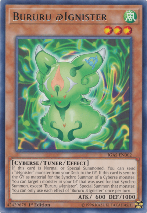 1st Edition, Cyberse, Ignition Assault, Rare, Tuner/Effect Monster, Unlimited, Wind Bururu @Ignister [IGAS-EN002] Rare - Trading Card World