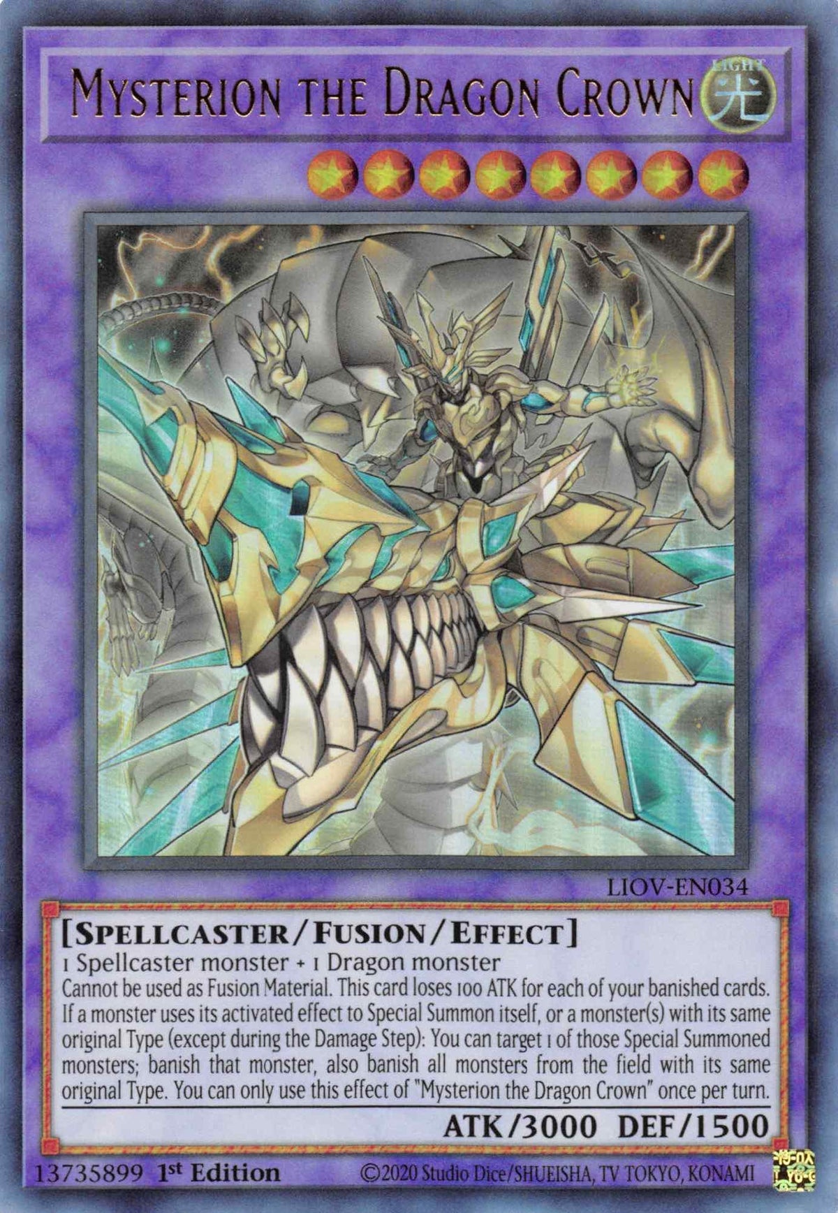1st Edition, Fusion/Effect Monster, Light, Lightning Overdrive, Spellcaster, Ultra Rare Mysterion the Dragon Crown [LIOV-EN034] Ultra Rare - Trading Card World