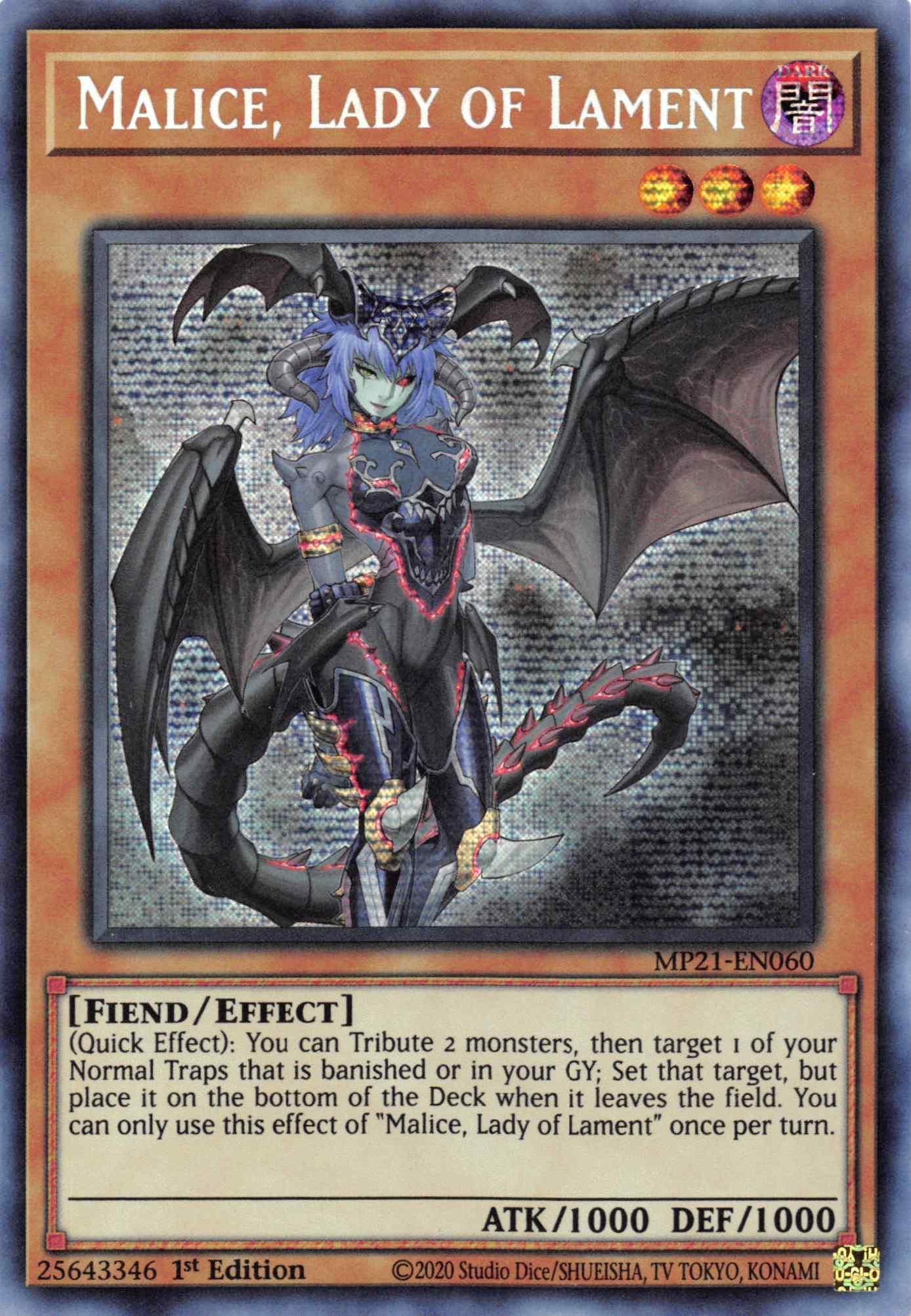 1st Edition, 2021 Tin of Ancient Battles, Dark, Effect Monster, Fiend, Prismatic Secret Rare Malice, Lady of Lament [MP21-EN060] Prismatic Secret Rare - Trading Card World