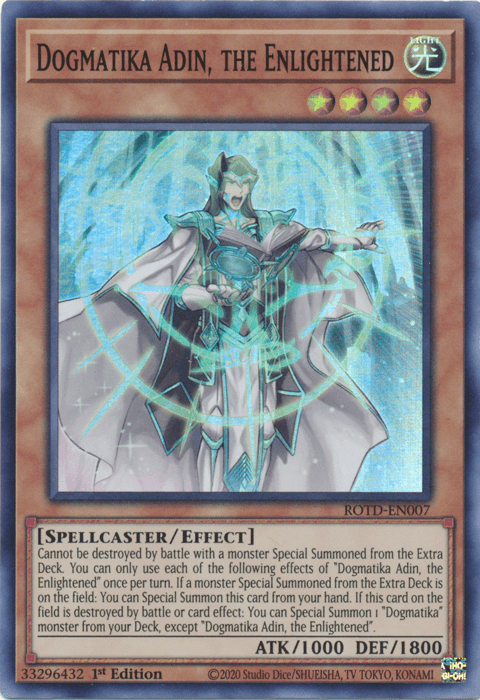 1st Edition, Effect Monster, Light, Rise of the Duelist, Spellcaster, Super Rare Dogmatika Adin, the Enlightened [ROTD-EN007] Super Rare - Trading Card World