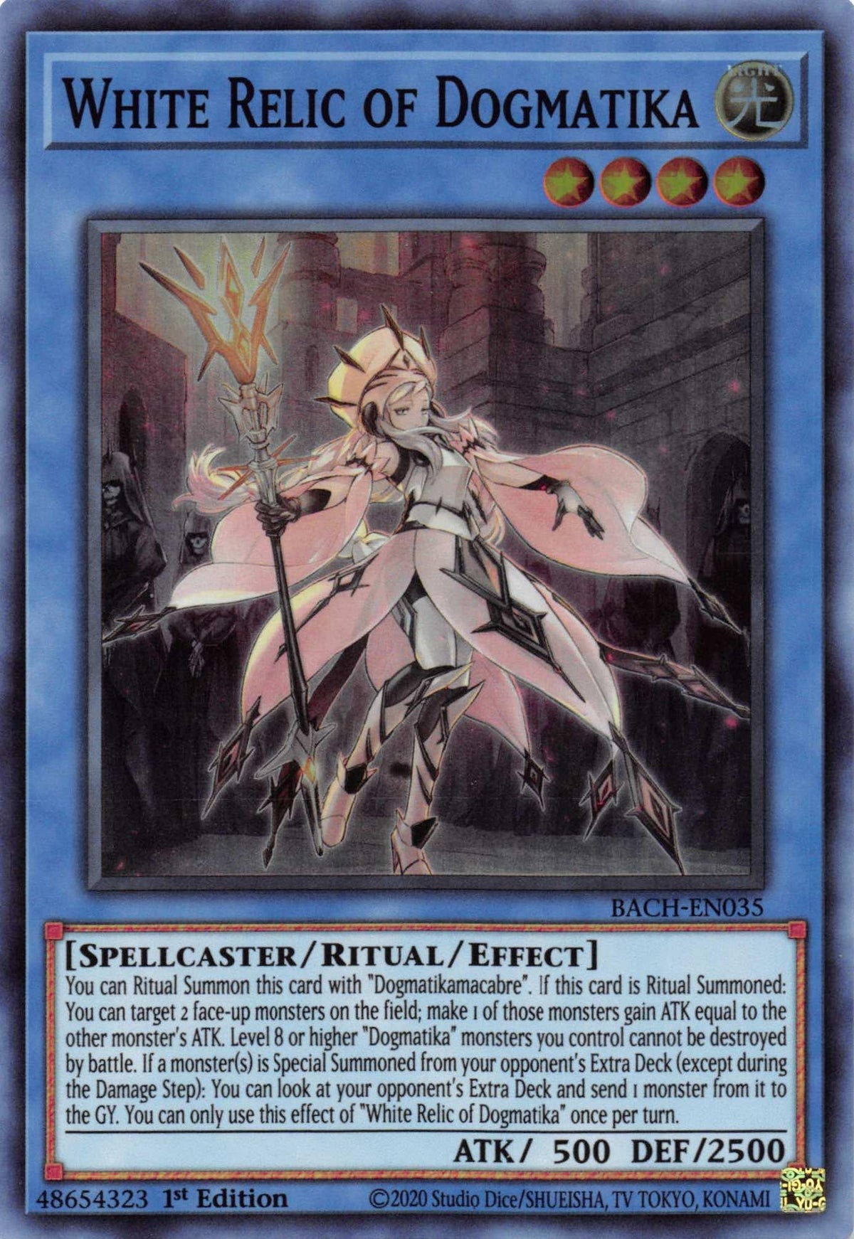 1st Edition, Battle of Chaos, Light, Ritual/Effect Monster, Spellcaster, Super Rare White Relic of Dogmatika [BACH-EN035] Super Rare - Trading Card World