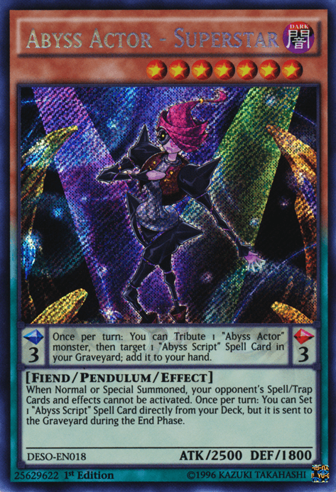 1st Edition, Dark, Destiny Soldiers, Fiend, Pendulum/Effect Monster, Secret Rare Abyss Actor - Superstar [DESO-EN018] Secret Rare - Trading Card World