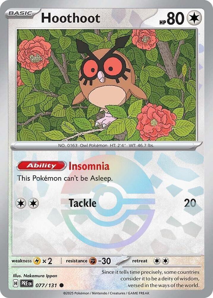 077, Colorless, Common, Fighting [-30], Holofoil, Lightning [x2], Scarlet & Violet: Prismatic Evolutions Hoothoot (077/131) (Poke Ball Pattern) [Scarlet & Violet: Prismatic Evolutions] - Trading Card World