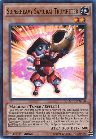 1st Edition, 2015 Mega-Tins Mega Pack, Earth, Machine, Super Rare, Tuner/Effect Monster Superheavy Samurai Trumpeter [MP15-EN198] Super Rare - Trading Card World