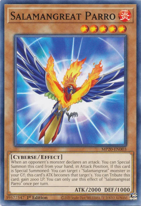 1st Edition, 2020 Tin of Lost Memories, Common, Cyberse, Effect Monster, Fire Salamangreat Parro [MP20-EN003] Common - Trading Card World