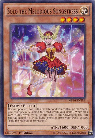 1st Edition, 2016 Mega-Tins Mega Pack, Common, Effect Monster, Fairy, Light, Unlimited Solo the Melodious Songstress [MP16-EN183] Common - Trading Card World