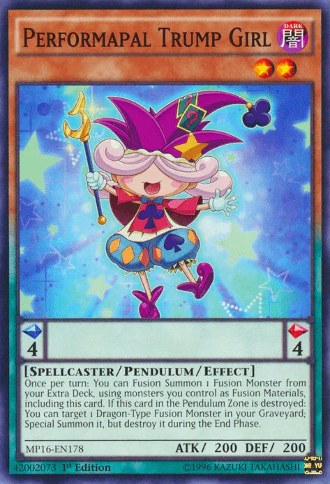 1st Edition, 2016 Mega-Tins Mega Pack, Common, Dark, Pendulum/Effect Monster, Spellcaster, Unlimited Performapal Trump Girl [MP16-EN178] Common - Trading Card World