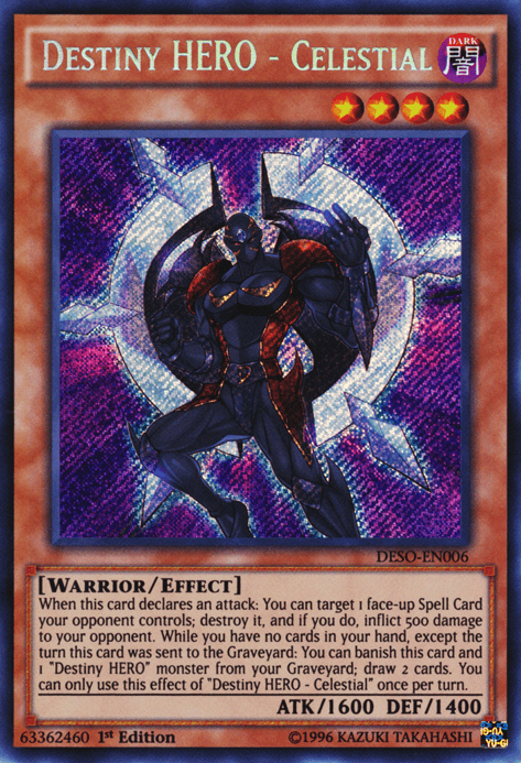 1st Edition, Dark, Destiny Soldiers, Effect Monster, Secret Rare, Warrior Destiny HERO - Celestial [DESO-EN006] Secret Rare - Trading Card World