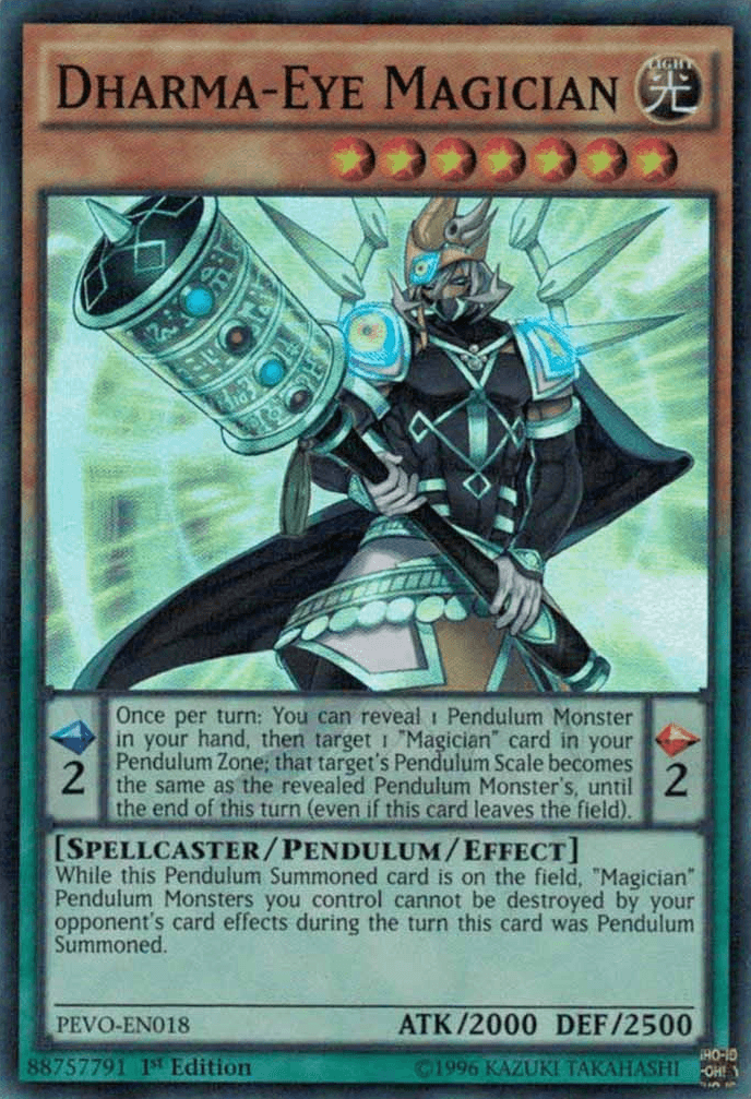 1st Edition, Light, Pendulum Evolution, Pendulum/Effect Monster, Spellcaster, Super Rare Dharma-Eye Magician [PEVO-EN018] Super Rare - Trading Card World