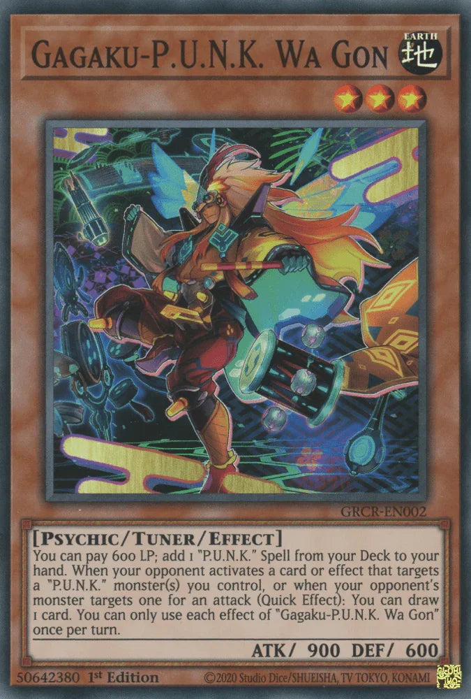 1st Edition, Earth, Psychic, Super Rare, The Grand Creators, Tuner/Effect Monster Gagaku-P.U.N.K. Wa Gon [GRCR-EN002] Super Rare - Trading Card World