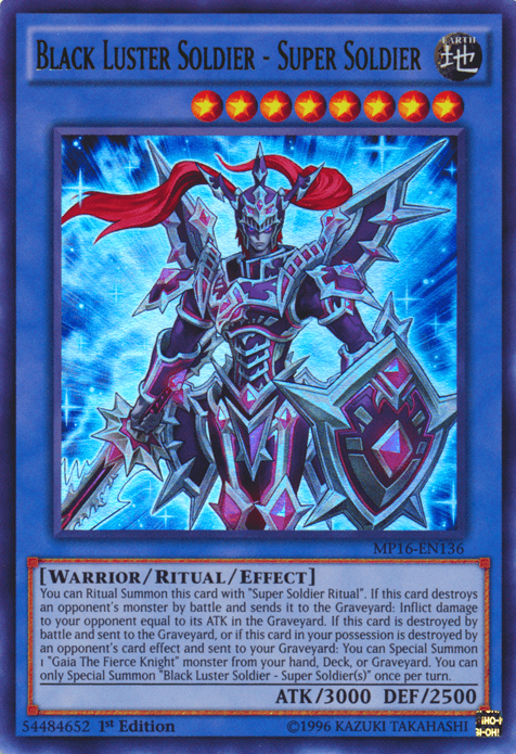 1st Edition, 2016 Mega-Tins Mega Pack, Earth, Ritual/Effect Monster, Ultra Rare, Unlimited, Warrior Black Luster Soldier - Super Soldier [MP16-EN136] Ultra Rare - Trading Card World