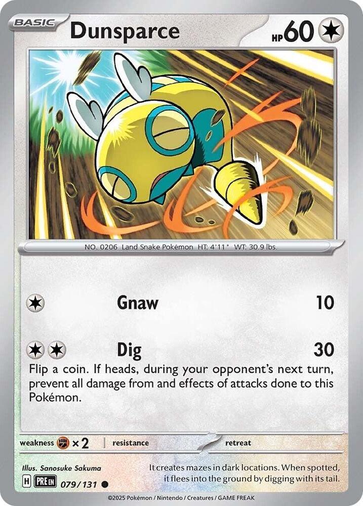 079, Colorless, Common, Fighting [x2], Normal, Reverse Holofoil, Scarlet & Violet: Prismatic Evolutions Dunsparce (079/131) [Scarlet & Violet: Prismatic Evolutions] - Trading Card World