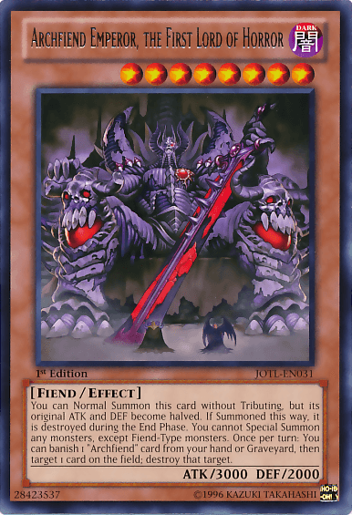 1st Edition, Dark, Effect Monster, Fiend, Judgment of the Light, Rare, Unlimited Archfiend Emperor, the First Lord of Horror [JOTL-EN031] Rare - Trading Card World