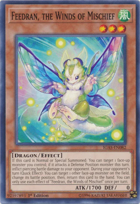 1st Edition, Common, Dragon, Effect Monster, Ignition Assault, Unlimited, Wind Feedran, the Winds of Mischief [IGAS-EN082] Common - Trading Card World