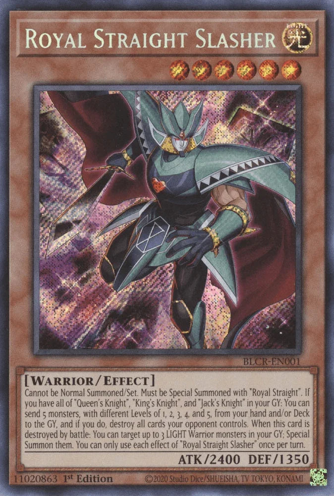 1st Edition, Battles of Legend: Crystal Revenge, Effect Monster, Light, Secret Rare, Warrior Royal Straight Slasher [BLCR-EN001] Secret Rare - Trading Card World