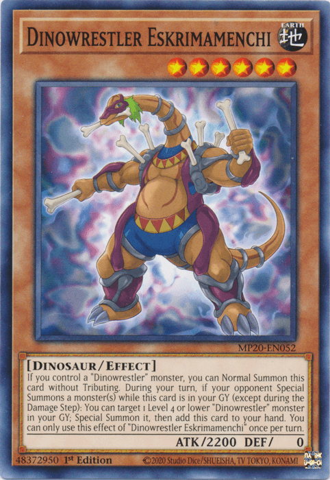 1st Edition, 2020 Tin of Lost Memories, Common, Dinosaur, Earth, Effect Monster Dinowrestler Eskrimamenchi [MP20-EN052] Common - Trading Card World